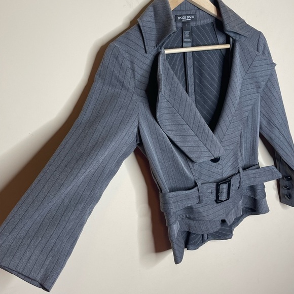𝅺BISOU bisou michele bohbot 3/4 sleeve gray striped suit belted jacket - Picture 5 of 6